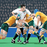 Martin Johnson in action in the 2003 Rugby World Cup Final - gouache on paper 36 x 48cm by Simon Taylor