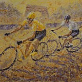 Tour de France 2012, Wiggins leads Cavendish and Sagan past the Arc de Triumphe. Acrylic on Canvas 40 x 30 inches by Simon Taylor