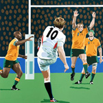 Jonny Wilkinson kicking the 2003 Rugby World Cup winning kick - gouache on paper 60 x 46cm by Simon Taylor